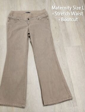 Thyme Maternity Bootcut Pants L Beige Khaki Stretch Cotton Pregnancy Work Casual